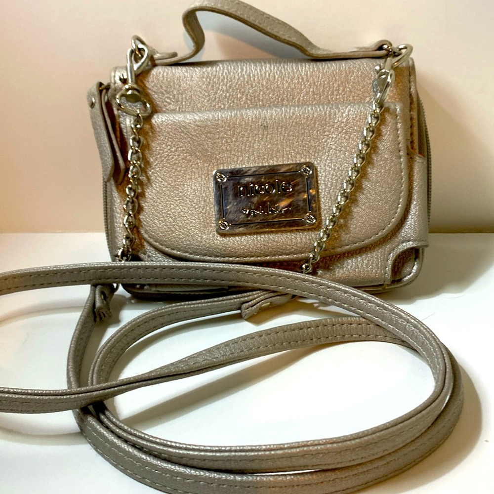 Nicole Miller Silver Tone Front Phone Pocket Crossbody Shoulder Bag